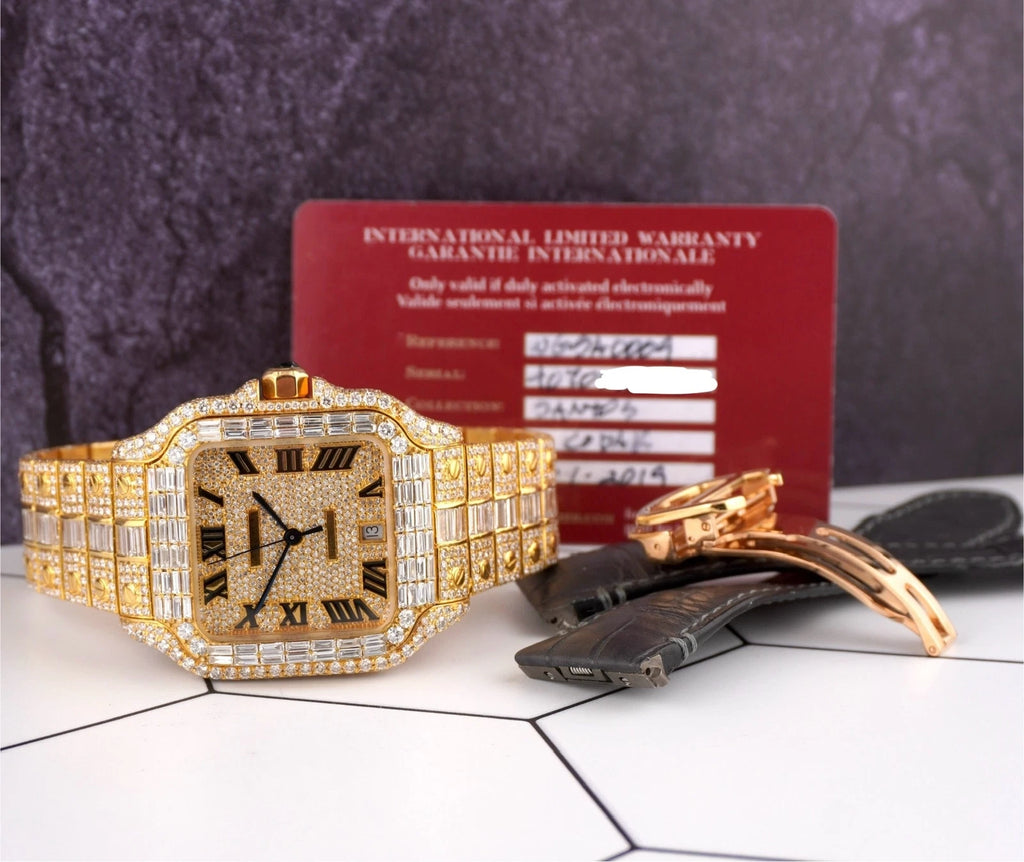 Cartier Santos Large Men's 40mm 18k Yellow Gold Watch Iced Out 30ct Lab Diamond 4070