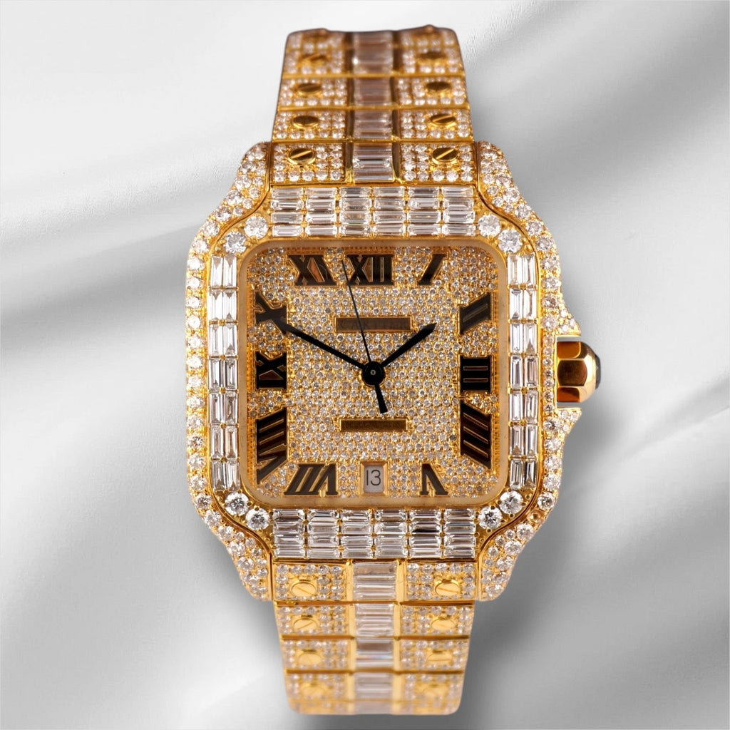 Cartier Santos Large Men's 40mm 18k Yellow Gold Watch Iced Out 30ct Lab Diamond 4070