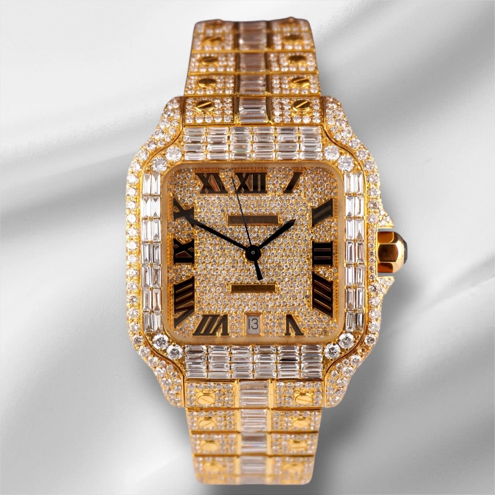 Cartier Santos Large Men's 40mm 18k Yellow Gold Watch Iced Out 30ct Lab Diamond 4070