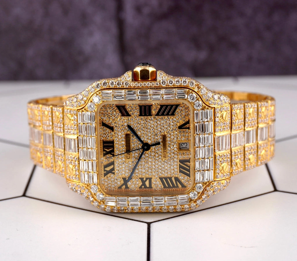 Cartier Santos Large Men's 40mm 18k Yellow Gold Watch Iced Out 30ct Lab Diamond 4070