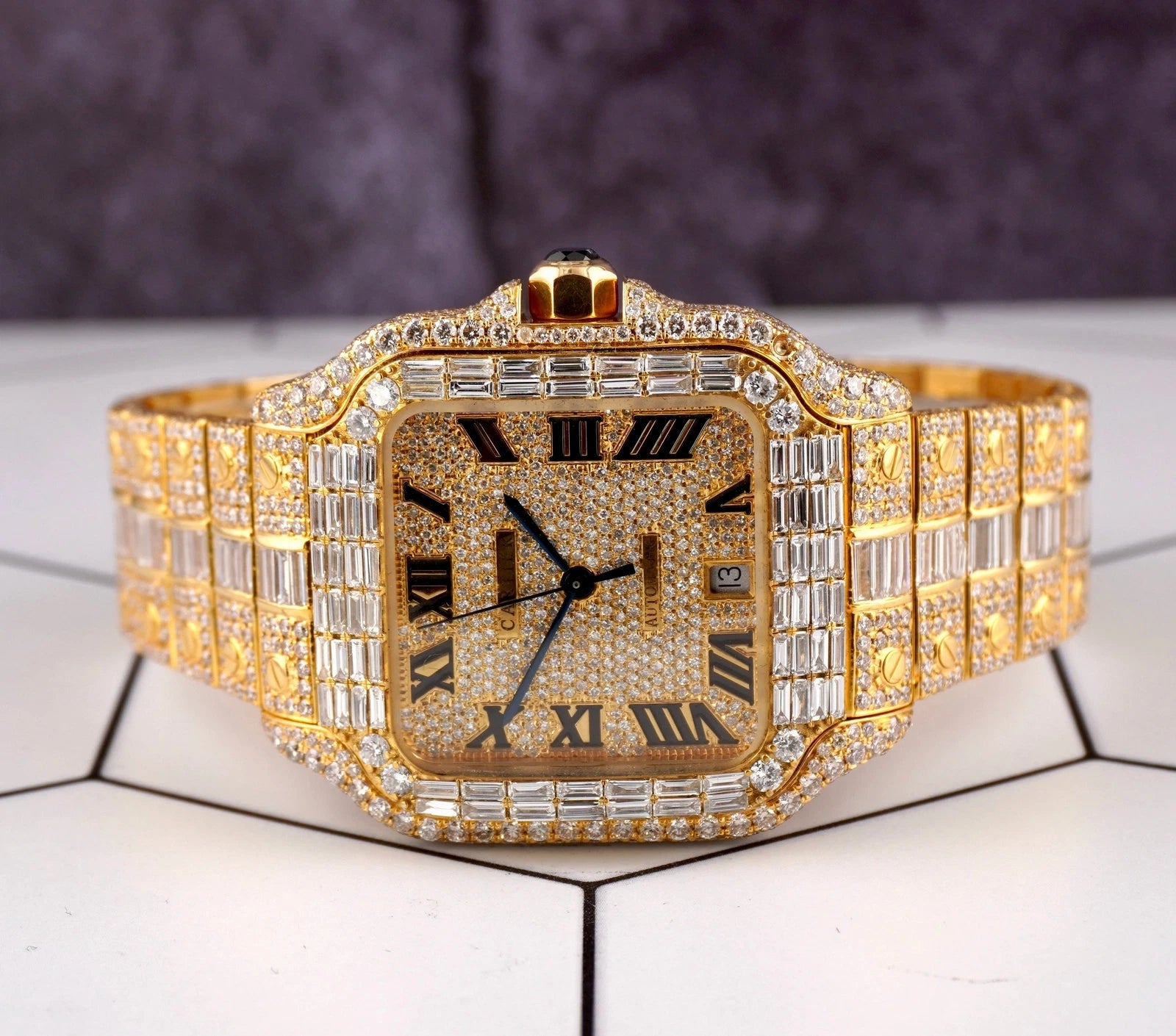 Cartier Santos Large Men's 40mm 18k Yellow Gold Watch Iced Out 30ct Lab Diamond 4070