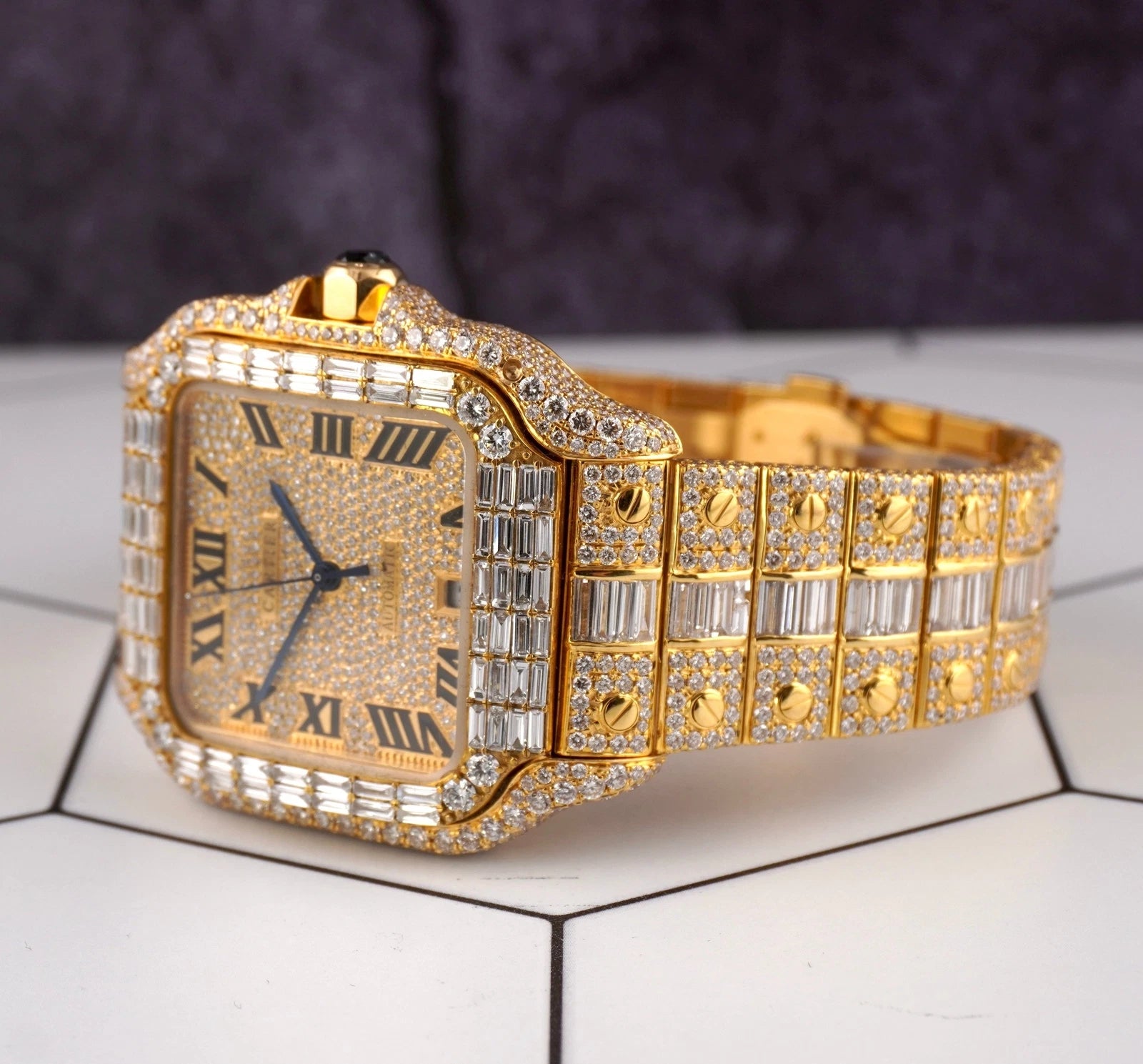 Cartier Santos Large Men's 40mm 18k Yellow Gold Watch Iced Out 30ct Lab Diamond 4070