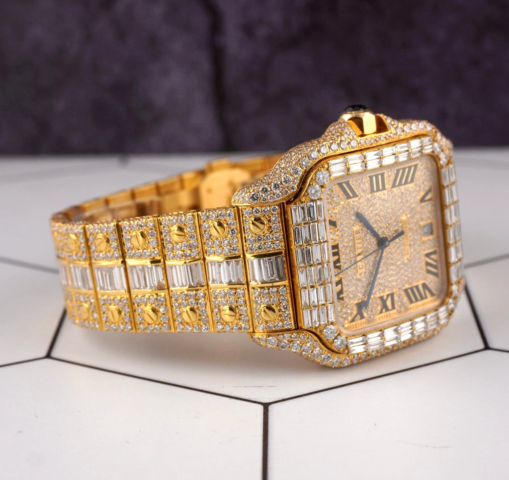 Cartier Santos Large Men's 40mm 18k Yellow Gold Watch Iced Out 30ct Lab Diamond 4070