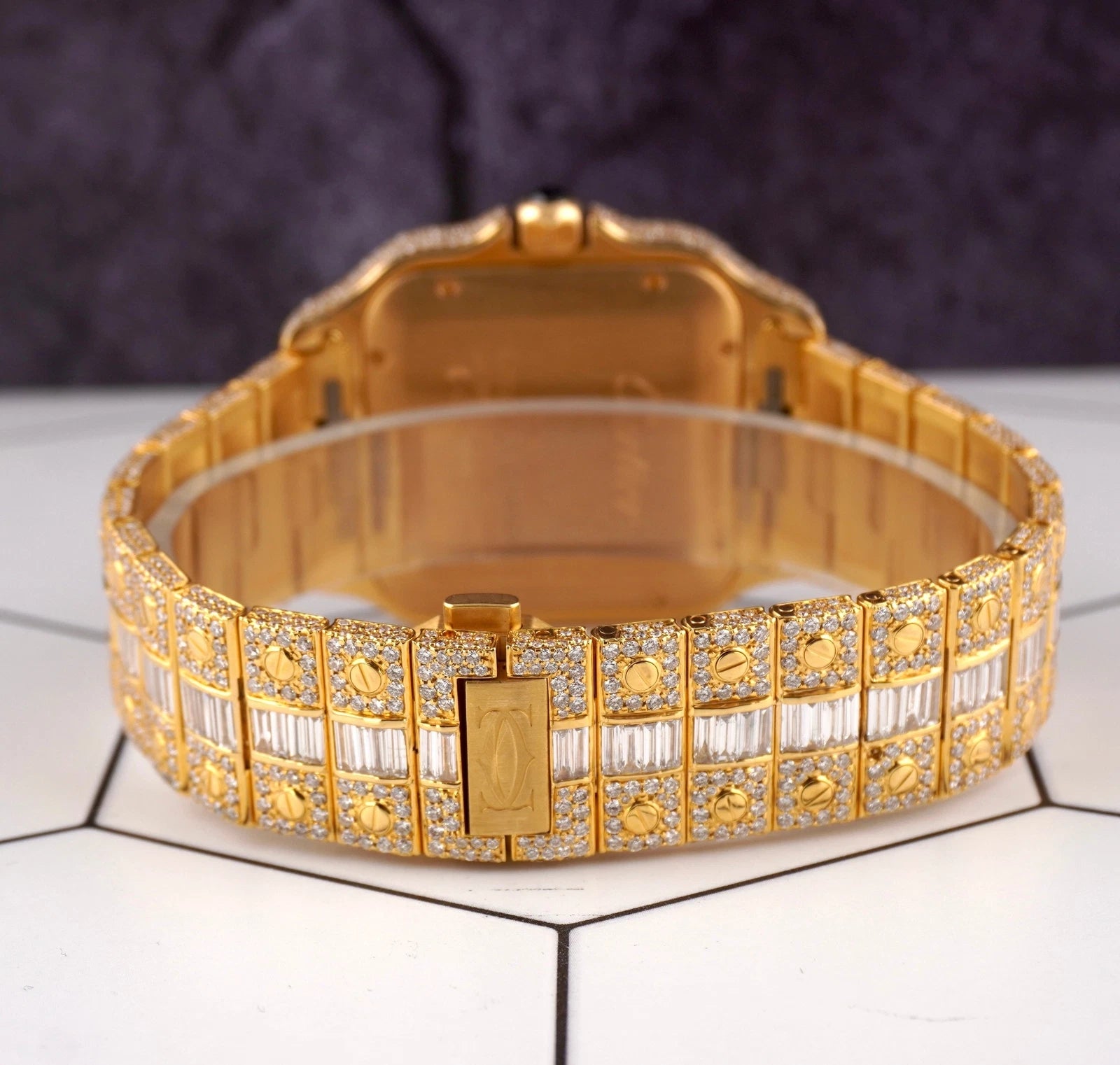 Cartier Santos Large Men's 40mm 18k Yellow Gold Watch Iced Out 30ct Lab Diamond 4070